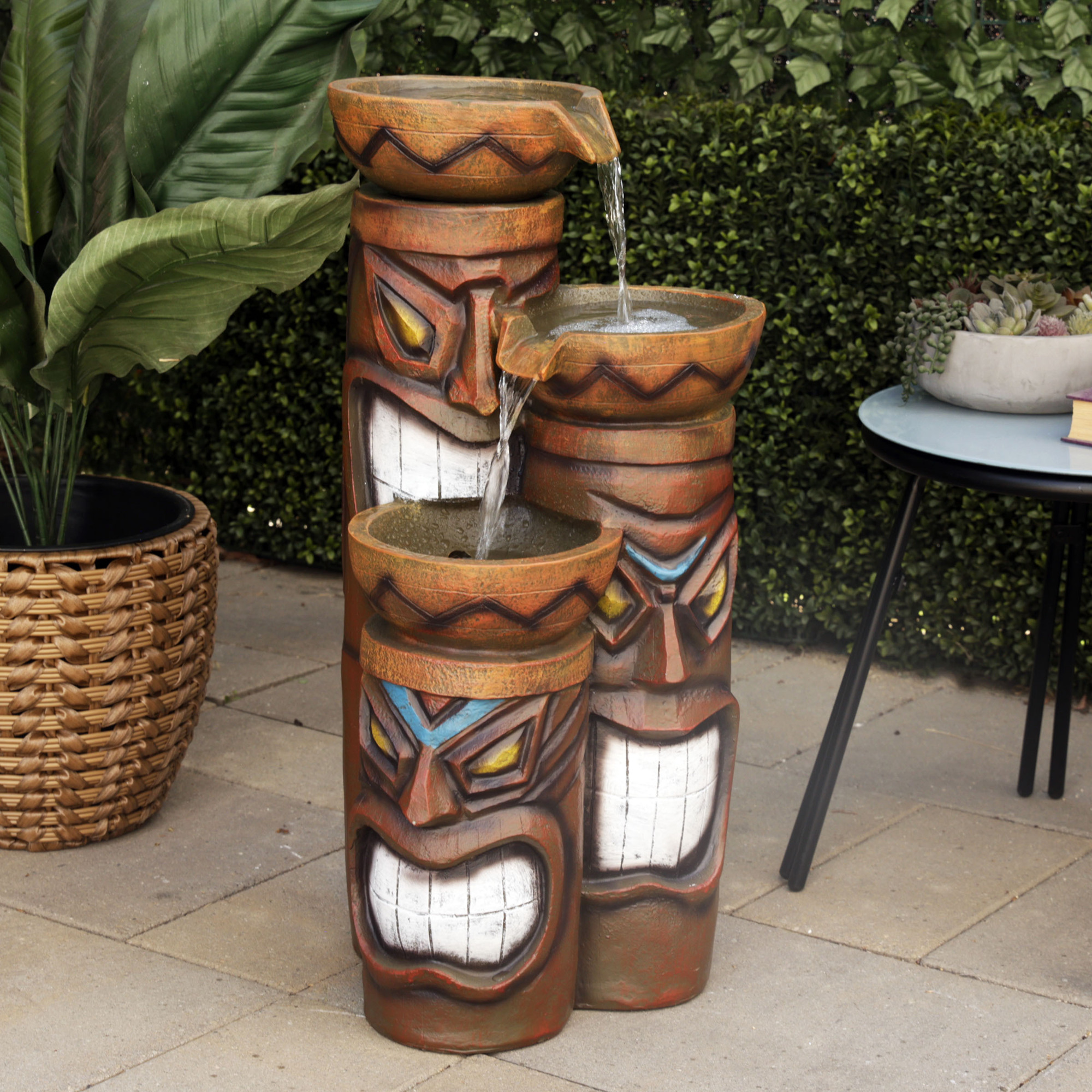 Alpine Corporation GIL839 29" Tall Triple Tiki Fountain with LED Lights, Outdoor Polynesian-Inspired Tiered Waterfall Feature